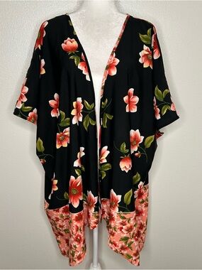Black Floral Open-Front Kimono Cardigan - Pink Floral